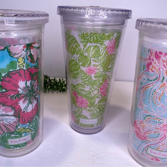 Set of 3 Lilly Pulitzer Ocean Floral Print Plastic Tumblers With Lids BPA Free - Picture 4 of 6